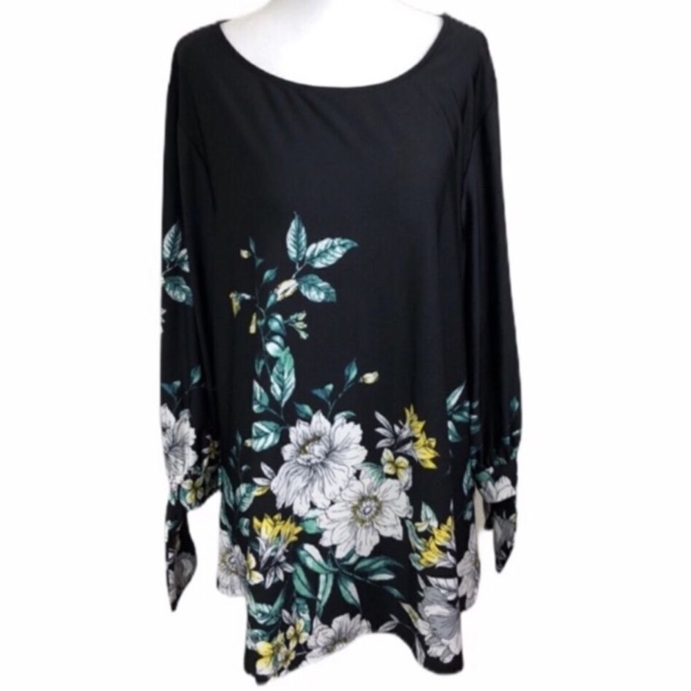 Always Indigo Plus Floral Design Tie Sleeve Top Size 1X NWT